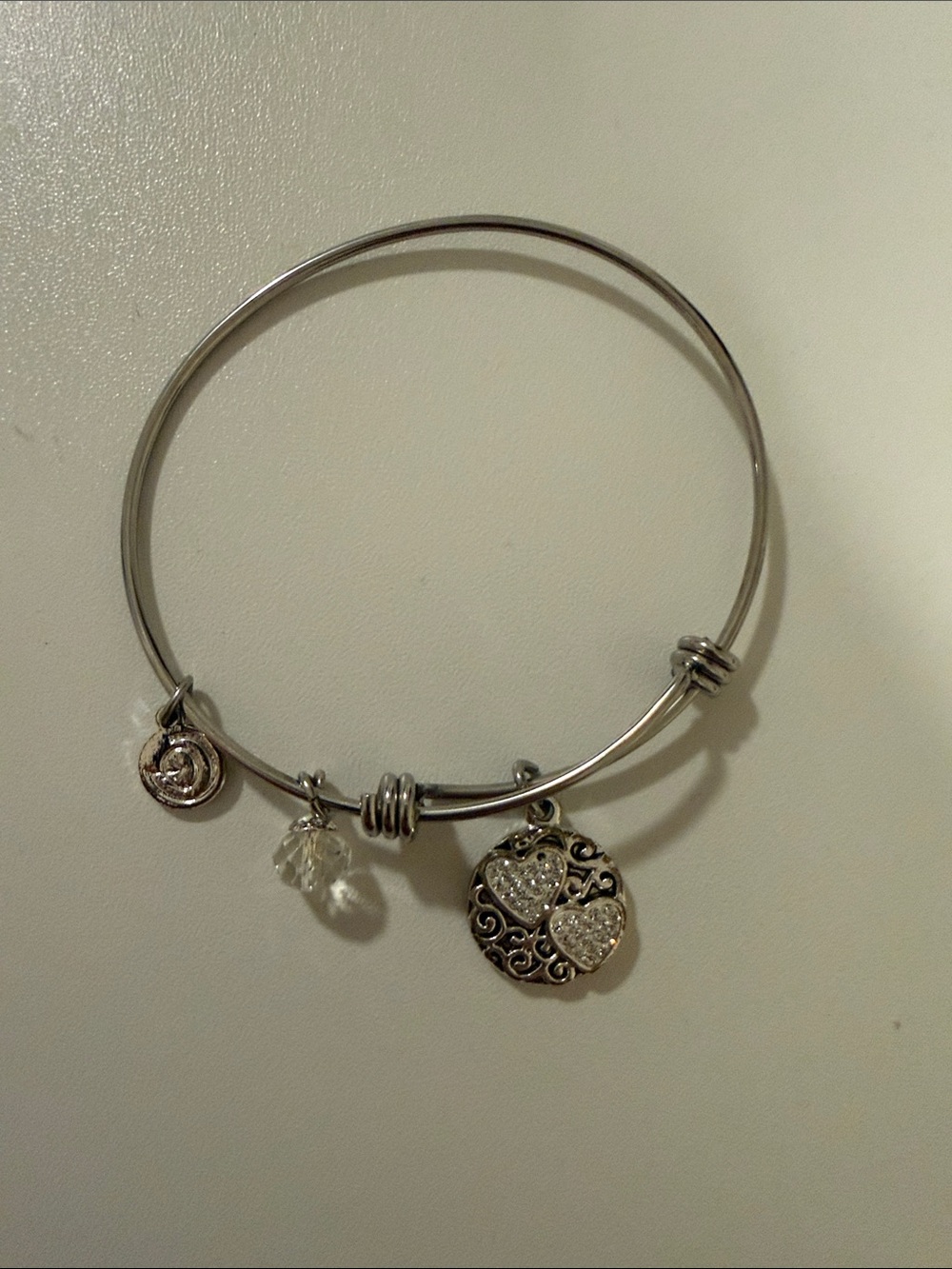 Alex and Ani Silver-Tone Heart Filigree Charm Bangle with Crystal Drop